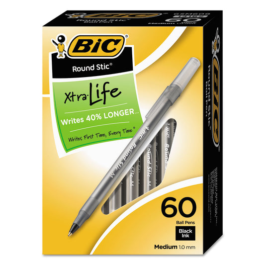 BIC Round Stic Xtra Life Ballpoint Pen Value Pack, Stick, Medium 1 mm, Black Ink, Translucent Frost Barrel, 60/Box (GSM609BK)