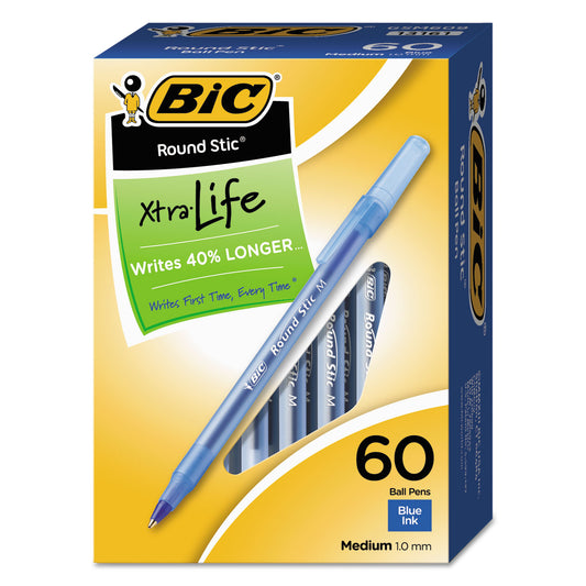 BIC Round Stic Xtra Life Ballpoint Pen Value Pack, Stick, Medium 1 mm, Blue Ink, Translucent Blue Barrel, 60/Box (GSM609BE)