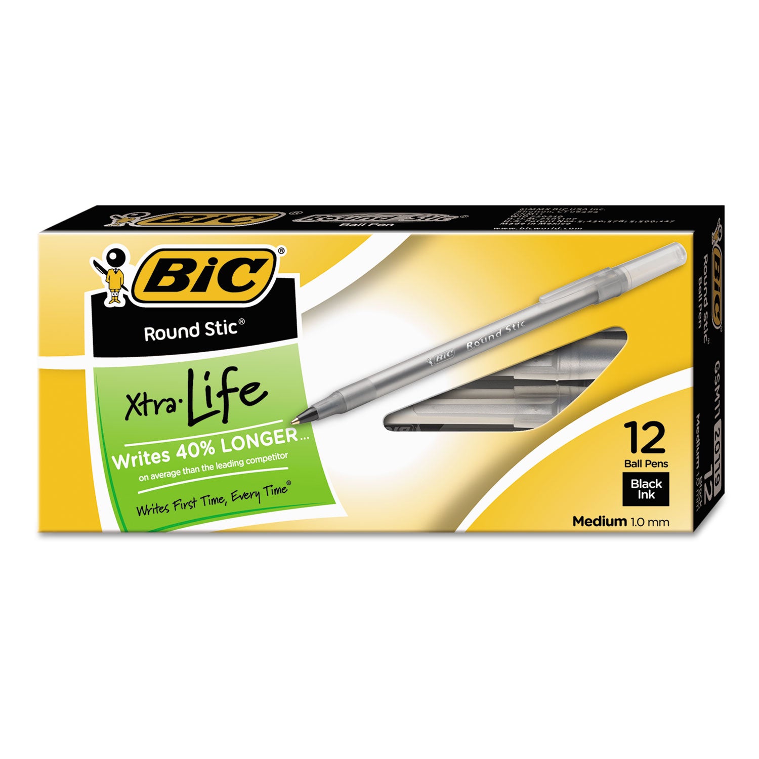 BIC Round Stic Xtra Life Ballpoint Pen, Stick, Medium 1 mm, Black Ink, Translucent Black Barrel, Dozen (GSM11BK)