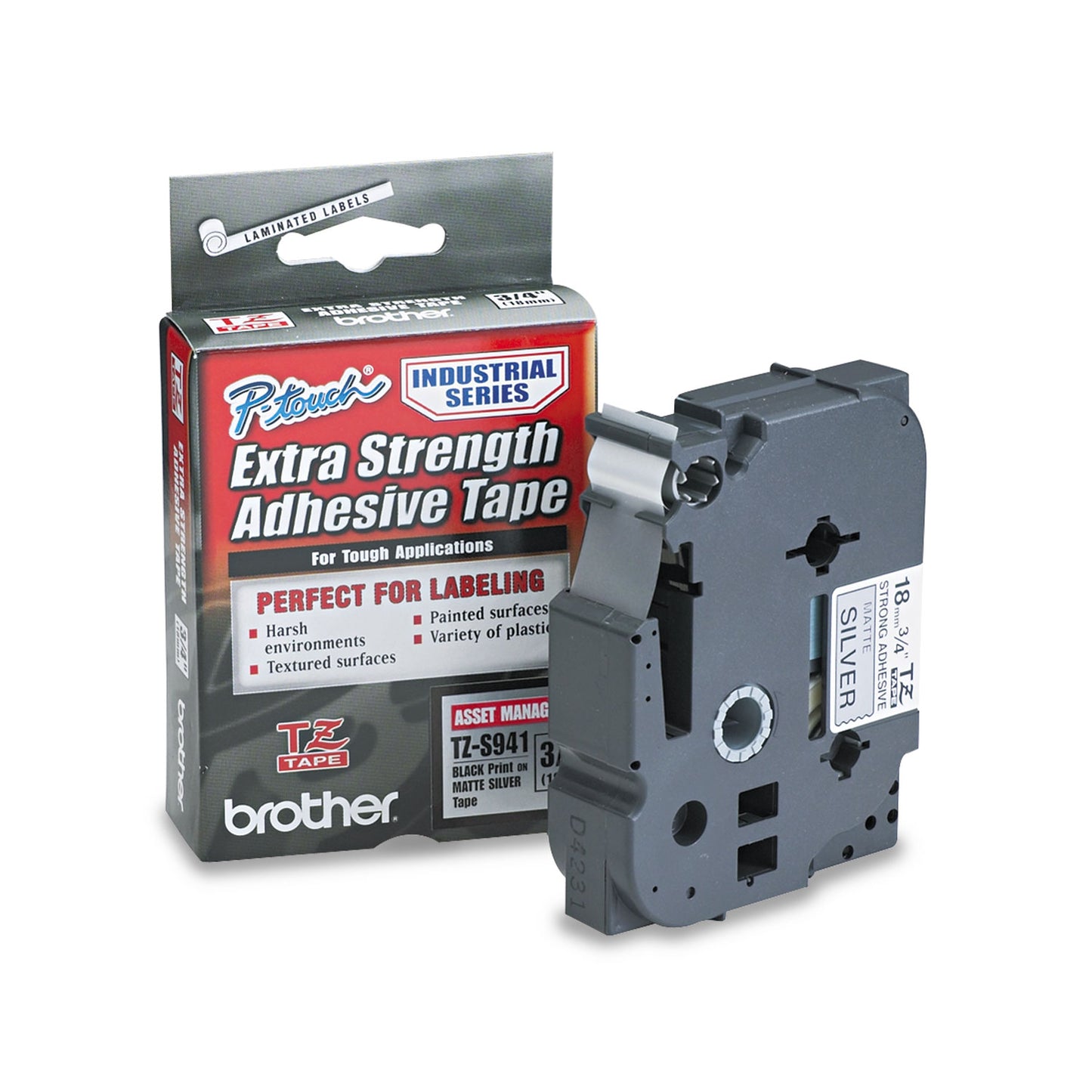 Brother TZ Extra-Strength Adhesive Laminated Labeling Tape, 0.7" x 26.2 ft, Black on Matte Silver (TZES941)