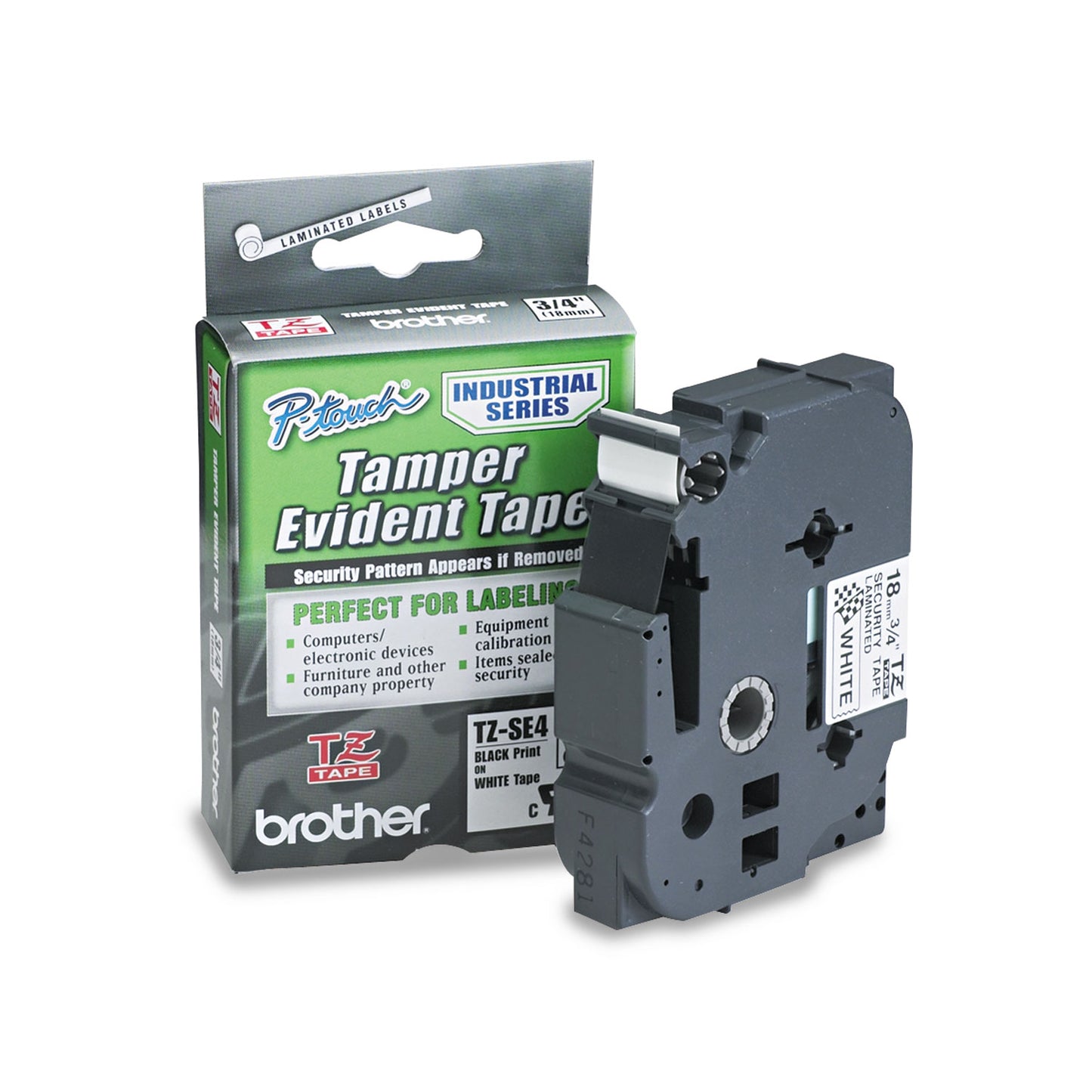 Brother TZ Security Tape Cartridge for P-Touch Labelers, 0.7" x 26.2 ft, Black on White (TZESE4)