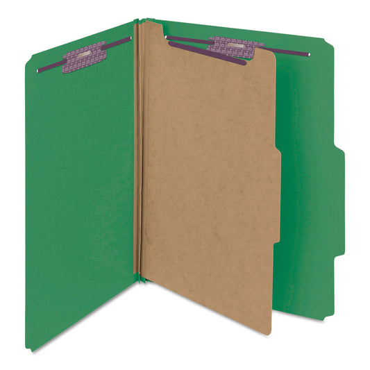 Smead Four-Section Pressboard Top Tab Classification Folders, Four SafeSHIELD Fasteners, 1 Divider, Letter Size, Green, 10/Box (13733)