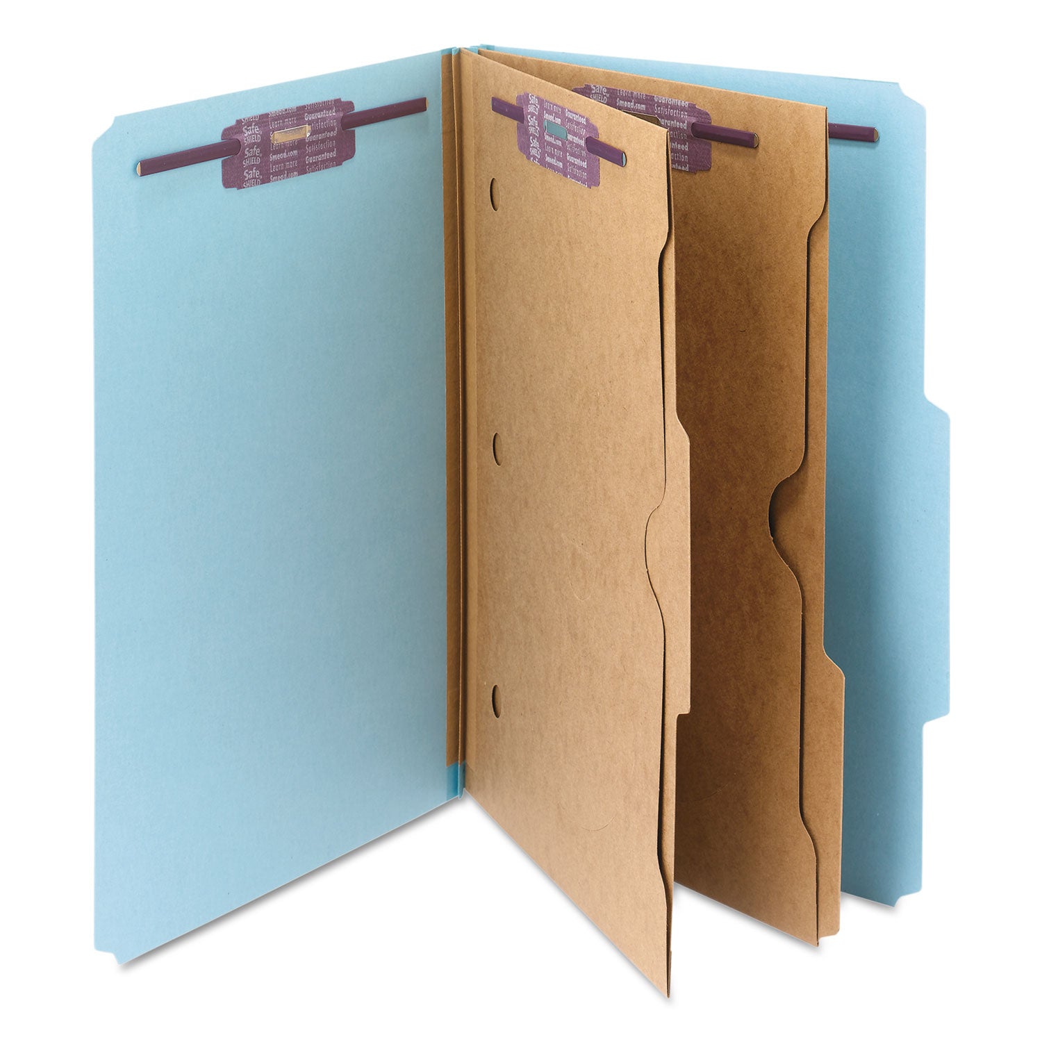 Smead 6-Section Pressboard Top Tab Pocket Classification Folders, 6 SafeSHIELD Fasteners, 2 Dividers, Legal Size, Blue, 10/Box (19081)