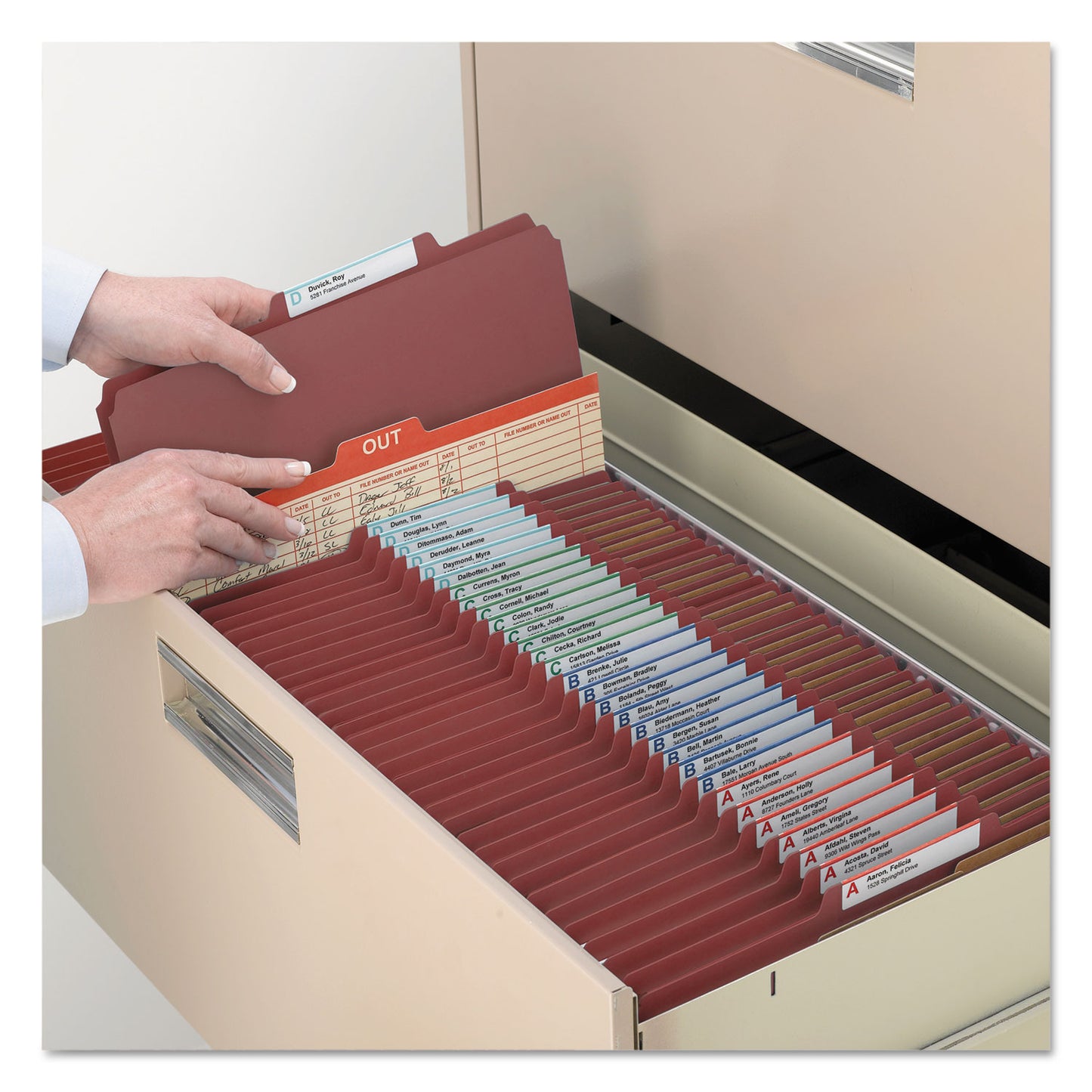 Smead Recycled Pressboard Classification Folders, 2" Expansion, 2 Dividers, 6 Fasteners, Legal Size, Red Exterior, 10/Box (19023)