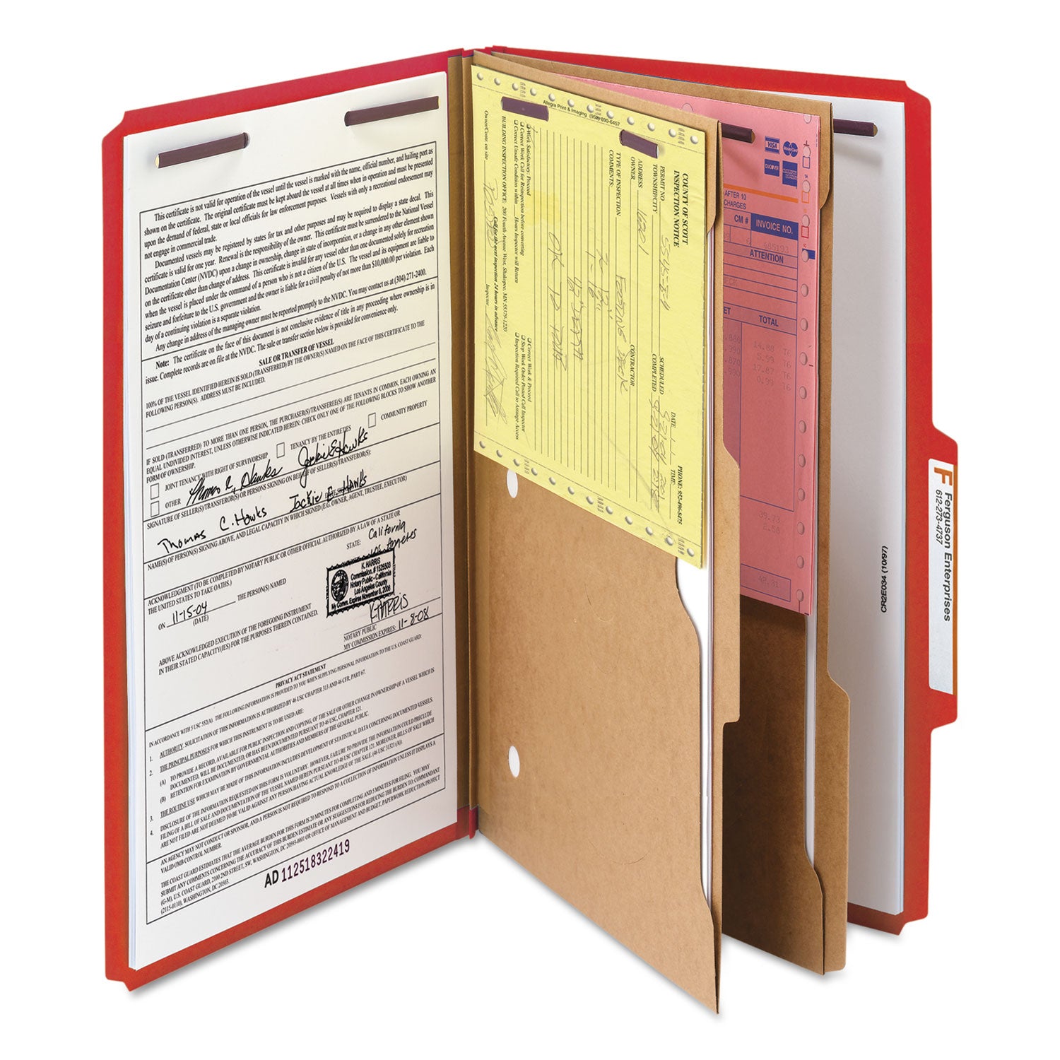 Smead 6-Section Pressboard Top Tab Pocket Classification Folders, 6 SafeSHIELD Fasteners, 2 Dividers, Legal Size, Bright Red, 10/BX (19082)