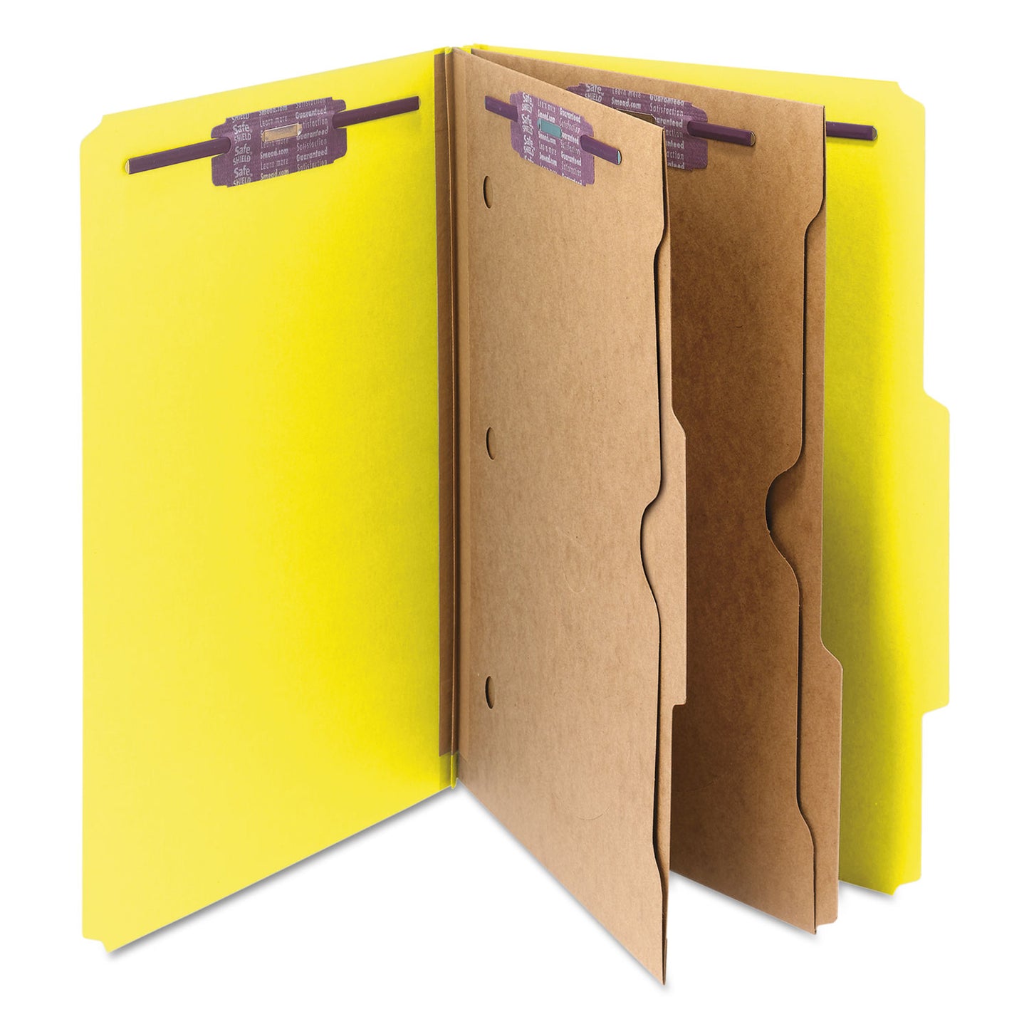 Smead 6-Section Pressboard Top Tab Pocket Classification Folders, 6 SafeSHIELD Fasteners, 2 Dividers, Legal Size, Yellow, 10/Box (19084)