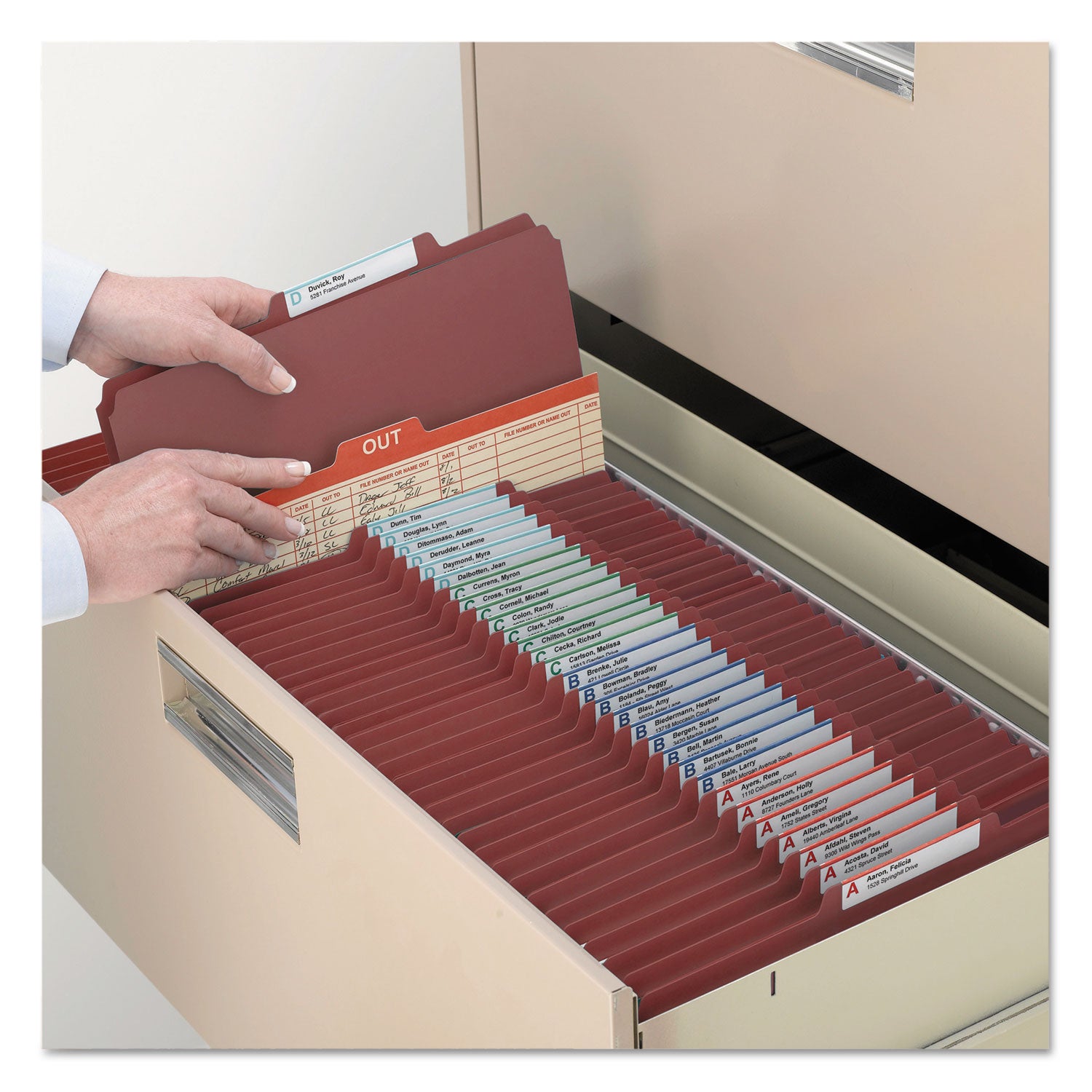 Smead Pressboard Classification Folders, Four SafeSHIELD Fasteners, 2/5-Cut Tabs, 1 Divider, Legal Size, Red, 10/Box (18775)