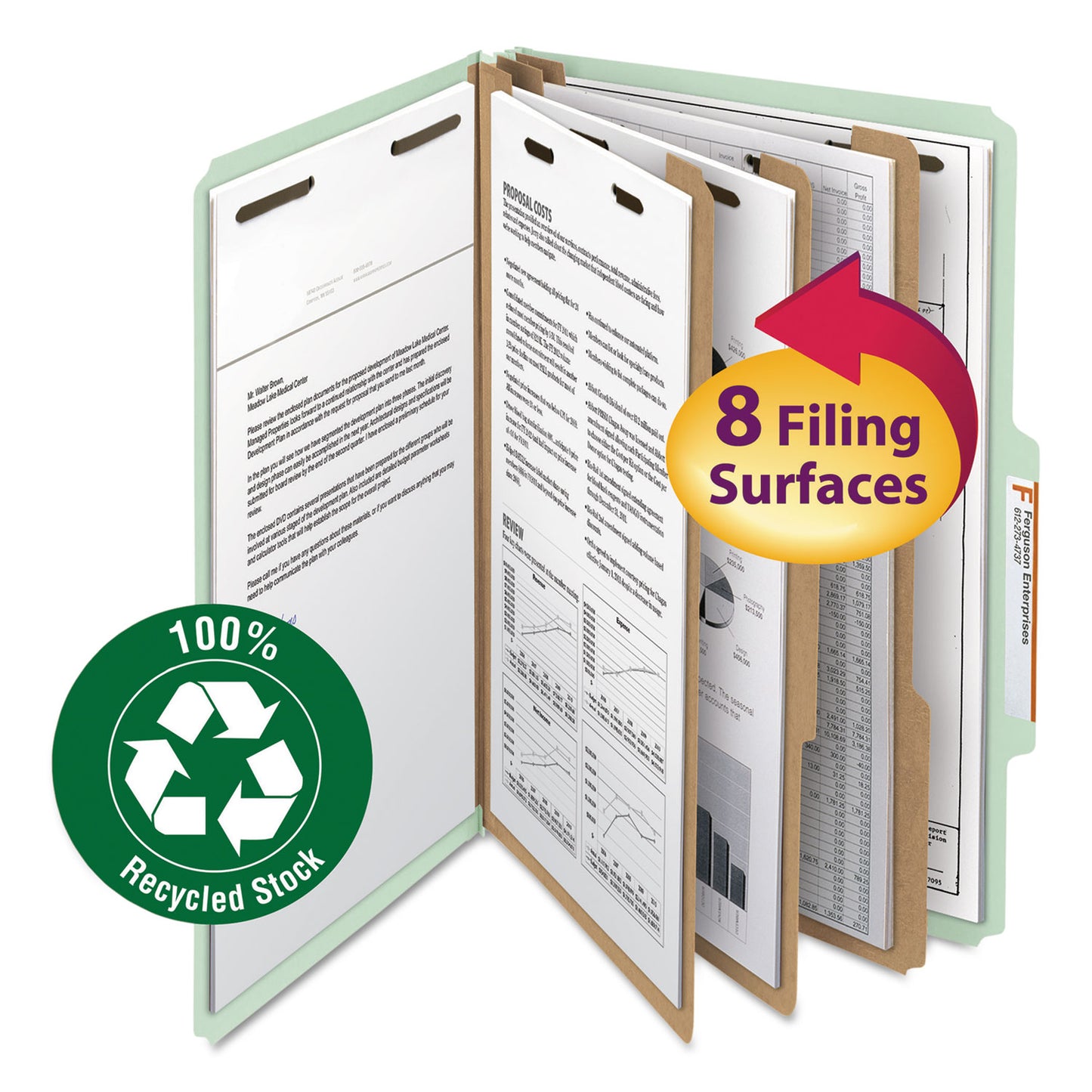Smead Recycled Pressboard Classification Folders, 3" Expansion, 3 Dividers, 8 Fasteners, Legal Size, Gray-Green, 10/Box (19093)