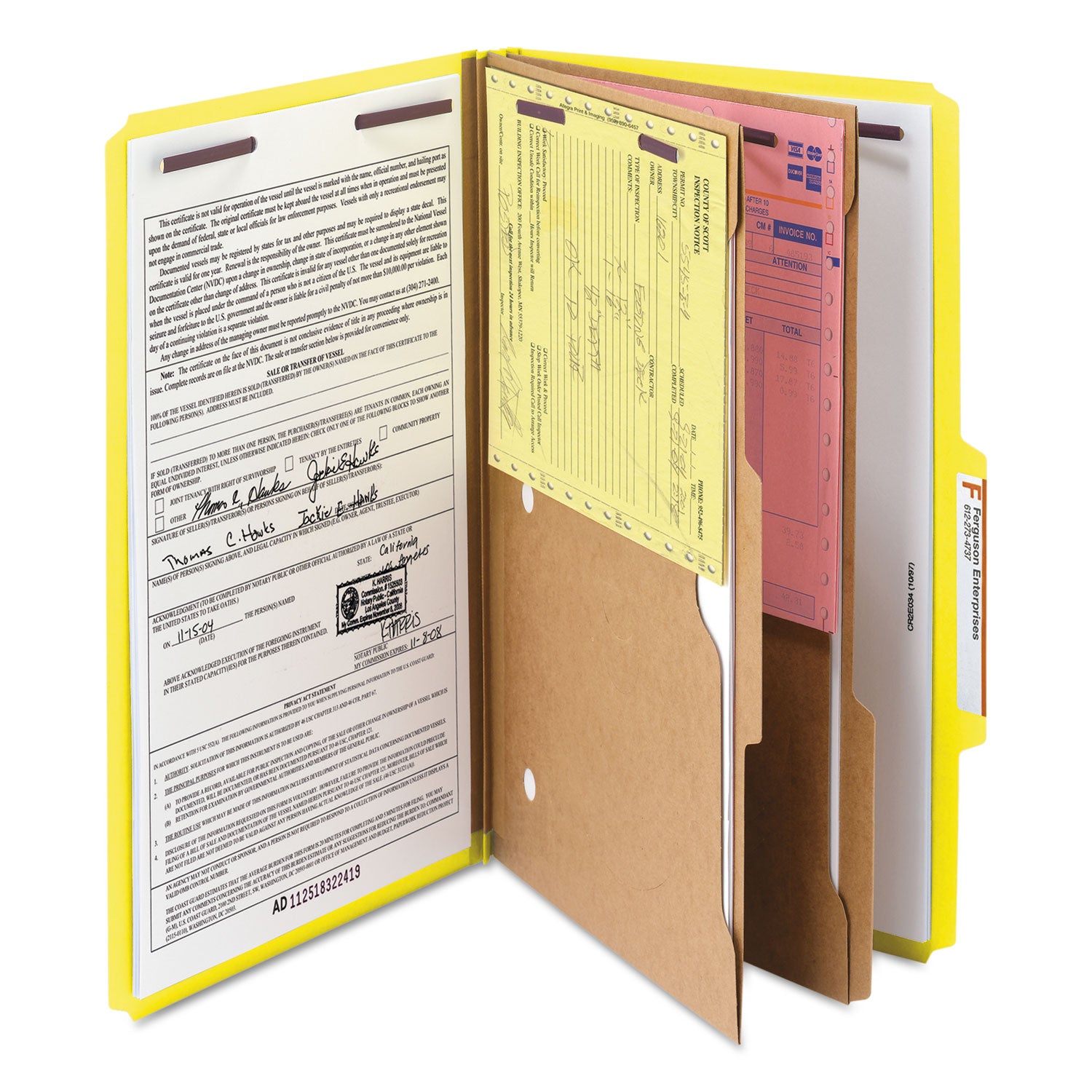 Smead 6-Section Pressboard Top Tab Pocket Classification Folders, 6 SafeSHIELD Fasteners, 2 Dividers, Legal Size, Yellow, 10/Box (19084)