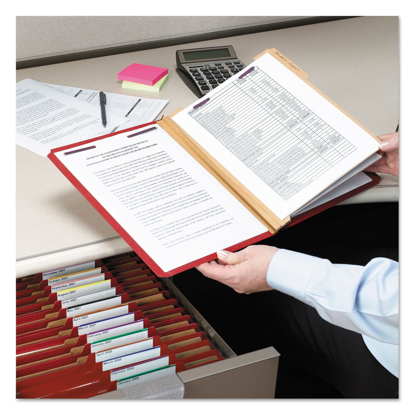 Smead Eight-Section Pressboard Top Tab Classification Folders, 8 SafeSHIELD Fasteners, 3 Dividers, Letter Size, Bright Red, 10/Box (14095)
