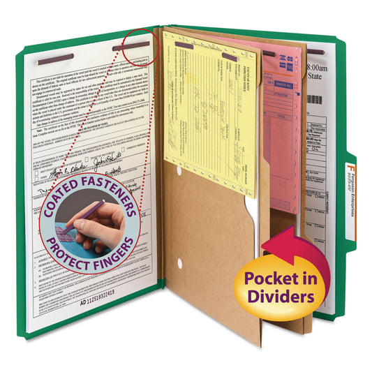 Smead 6-Section Pressboard Top Tab Pocket Classification Folders, 6 SafeSHIELD Fasteners, 2 Dividers, Legal Size, Green, 10/Box (19083)