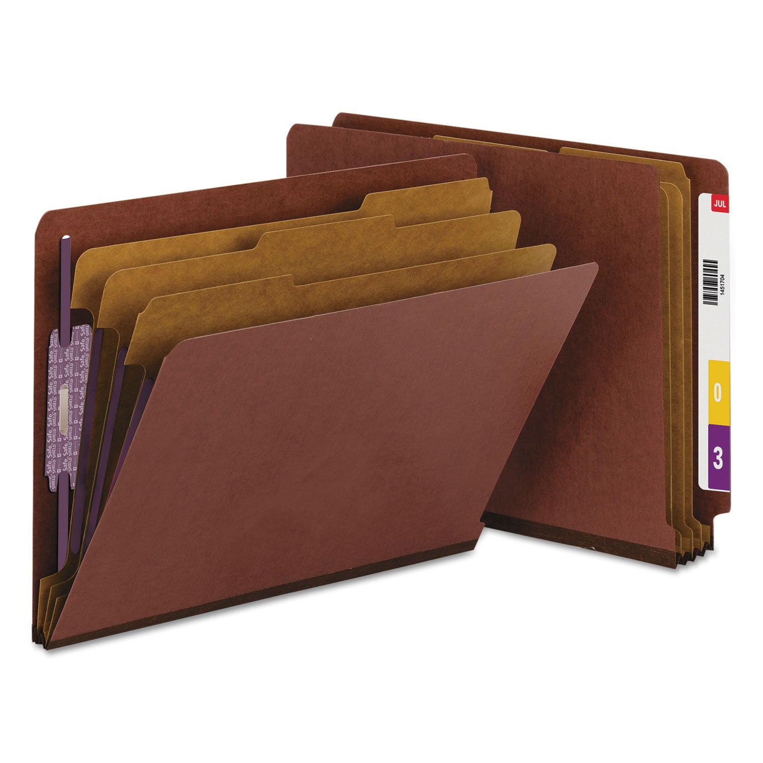 Smead End Tab Pressboard Classification Folders, Eight SafeSHIELD Fasteners, 3" Expansion, 3 Dividers, Letter Size, Red, 10/Box (26865)