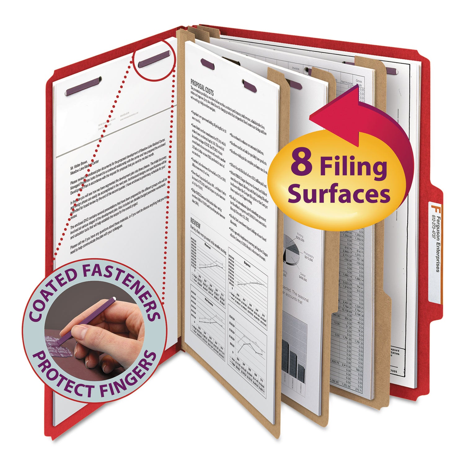 Smead Eight-Section Pressboard Top Tab Classification Folders, 8 SafeSHIELD Fasteners, 3 Dividers, Letter Size, Bright Red, 10/Box (14095)