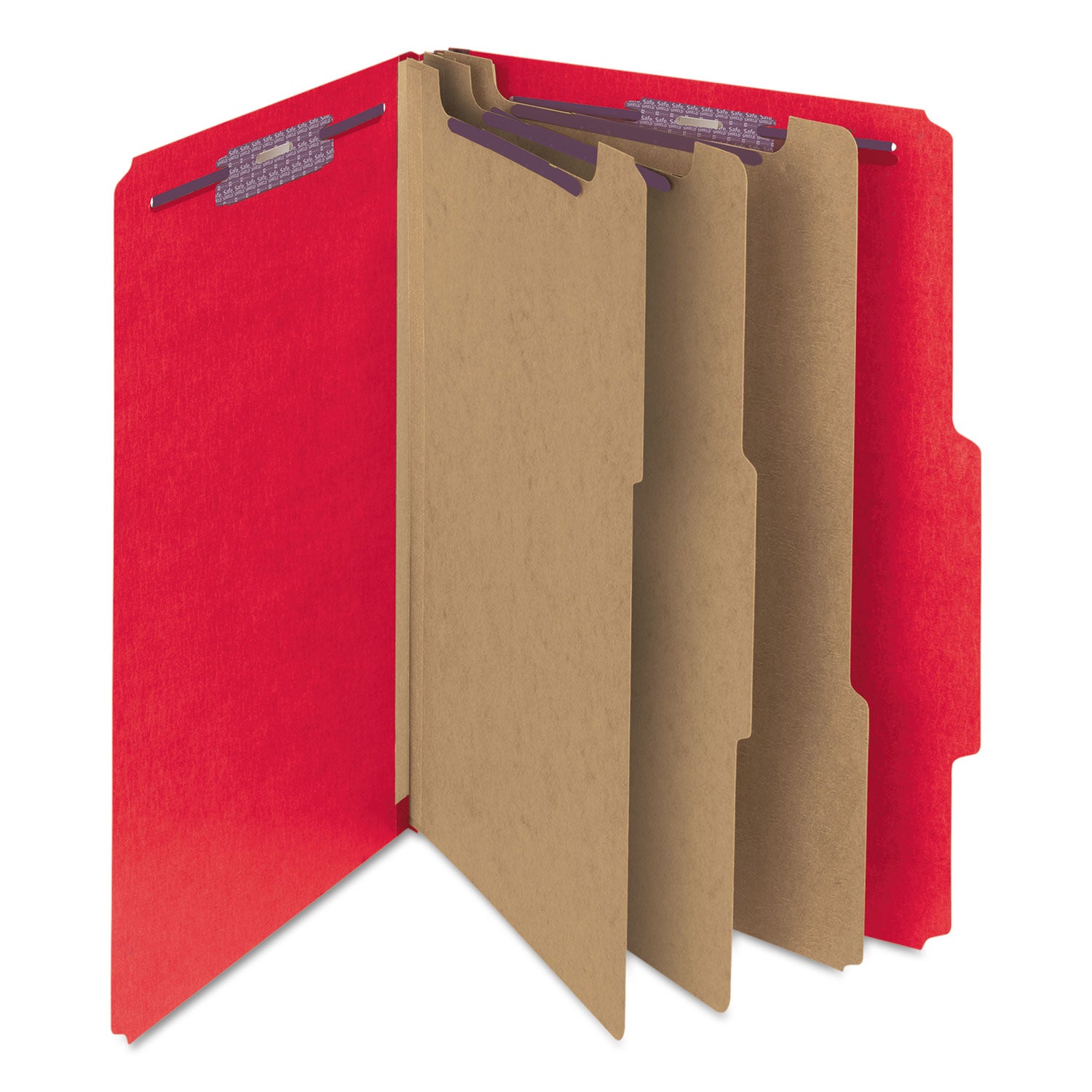 Smead Eight-Section Pressboard Top Tab Classification Folders, 8 SafeSHIELD Fasteners, 3 Dividers, Letter Size, Bright Red, 10/Box (14095)