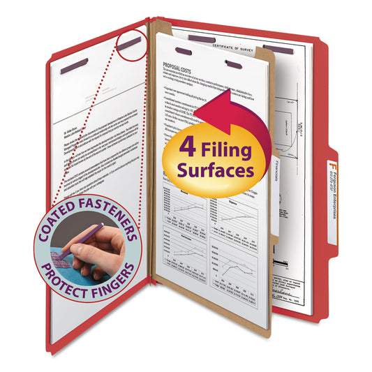 Smead Four-Section Pressboard Top Tab Classification Folders, Four SafeSHIELD Fasteners, 1 Divider, Legal Size, Bright Red, 10/Box (18731)