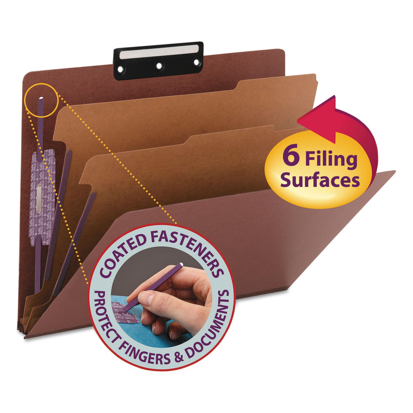 Smead Pressboard Classification Folders, Six SafeSHIELD Fasteners, 1/3-Cut Tabs, 2 Dividers, Letter Size, Red, 10/Box (14230)