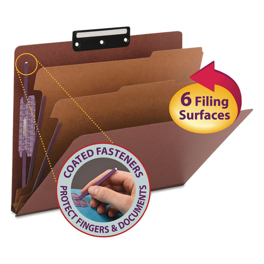 Smead Pressboard Classification Folders, Six SafeSHIELD Fasteners, 1/3-Cut Tabs, 2 Dividers, Letter Size, Red, 10/Box (14230)