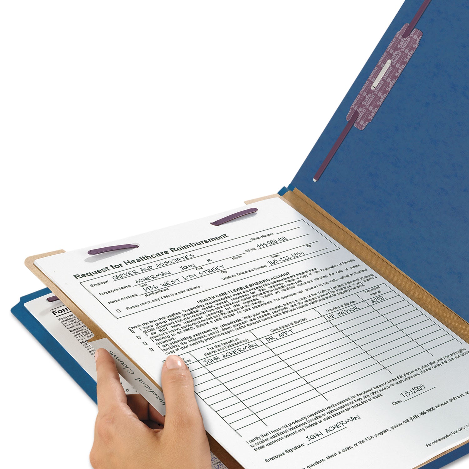 Smead Four-Section Pressboard Top Tab Classification Folders, Four SafeSHIELD Fasteners, 1 Divider, Legal Size, Dark Blue, 10/Box (18732)