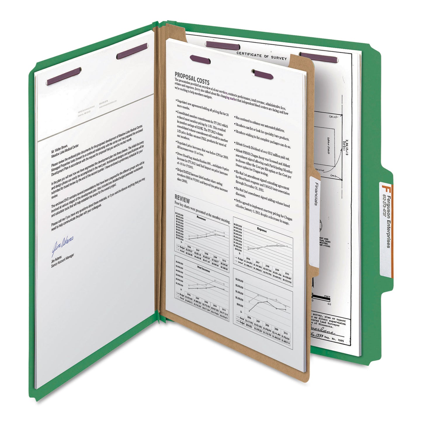 Smead Four-Section Pressboard Top Tab Classification Folders, Four SafeSHIELD Fasteners, 1 Divider, Letter Size, Green, 10/Box (13733)