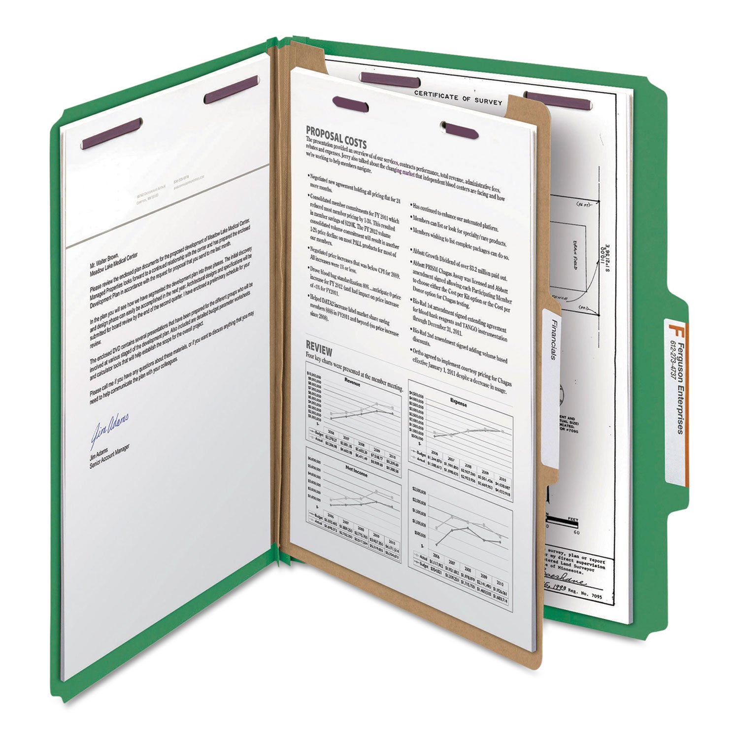 Smead Four-Section Pressboard Top Tab Classification Folders, Four SafeSHIELD Fasteners, 1 Divider, Letter Size, Green, 10/Box (13733)