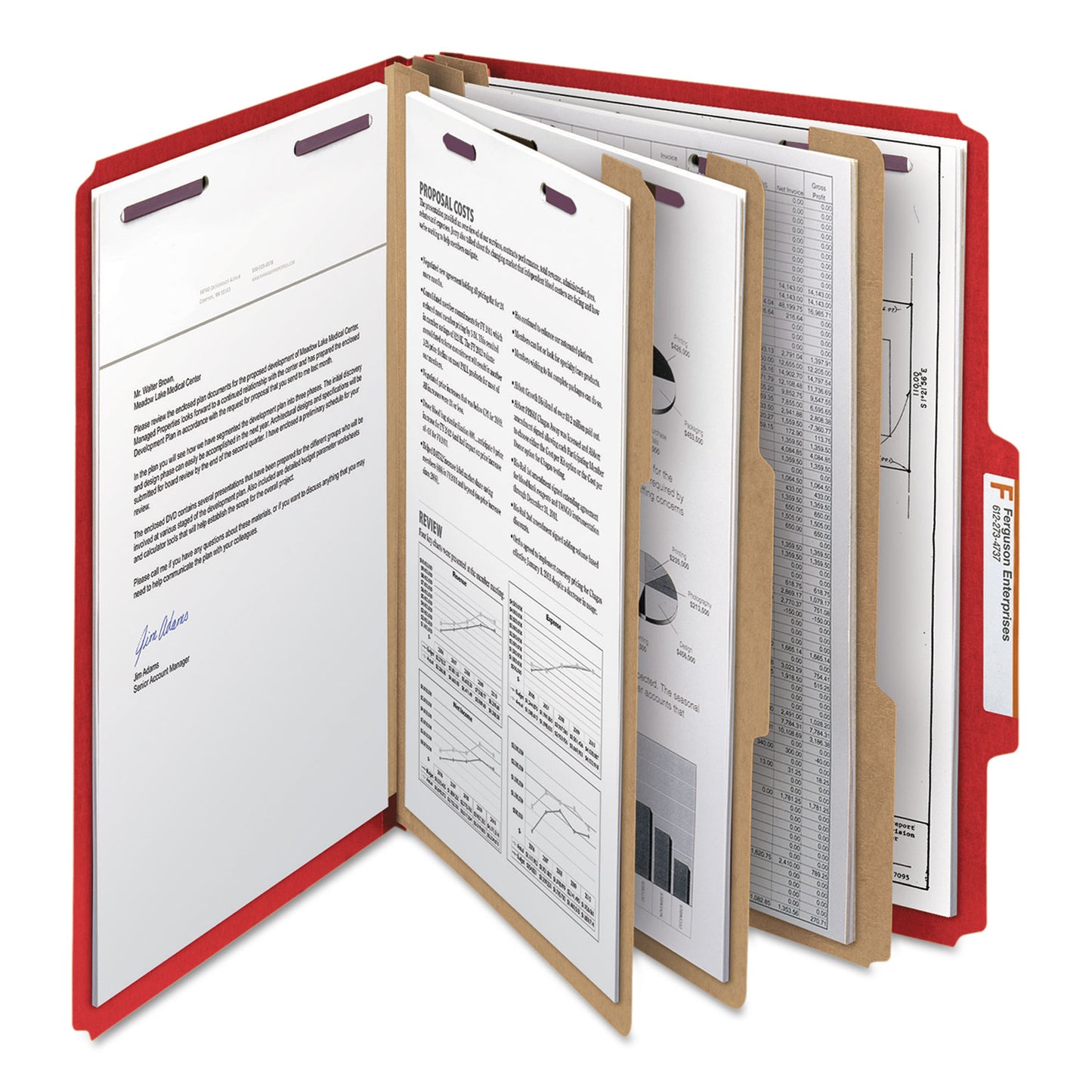 Smead Eight-Section Pressboard Top Tab Classification Folders, 8 SafeSHIELD Fasteners, 3 Dividers, Letter Size, Bright Red, 10/Box (14095)
