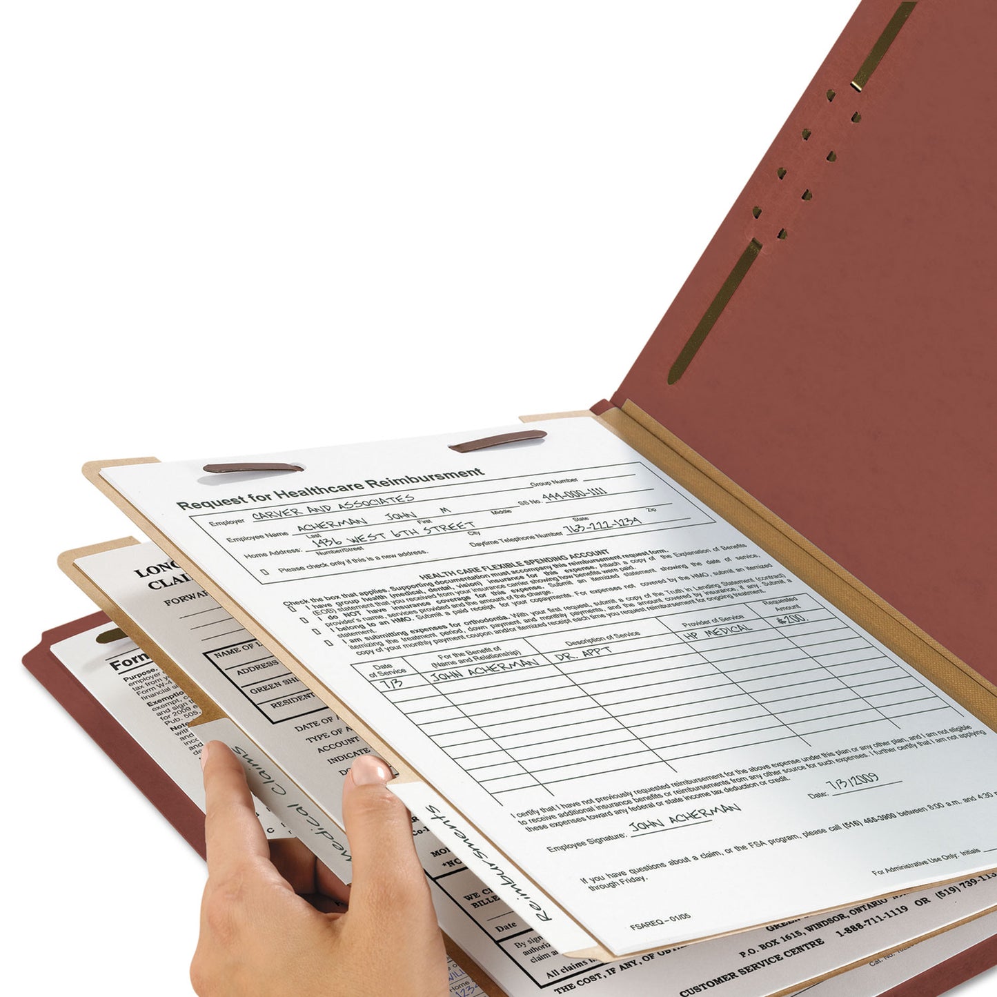 Smead Recycled Pressboard Classification Folders, 2" Expansion, 2 Dividers, 6 Fasteners, Legal Size, Red Exterior, 10/Box (19023)