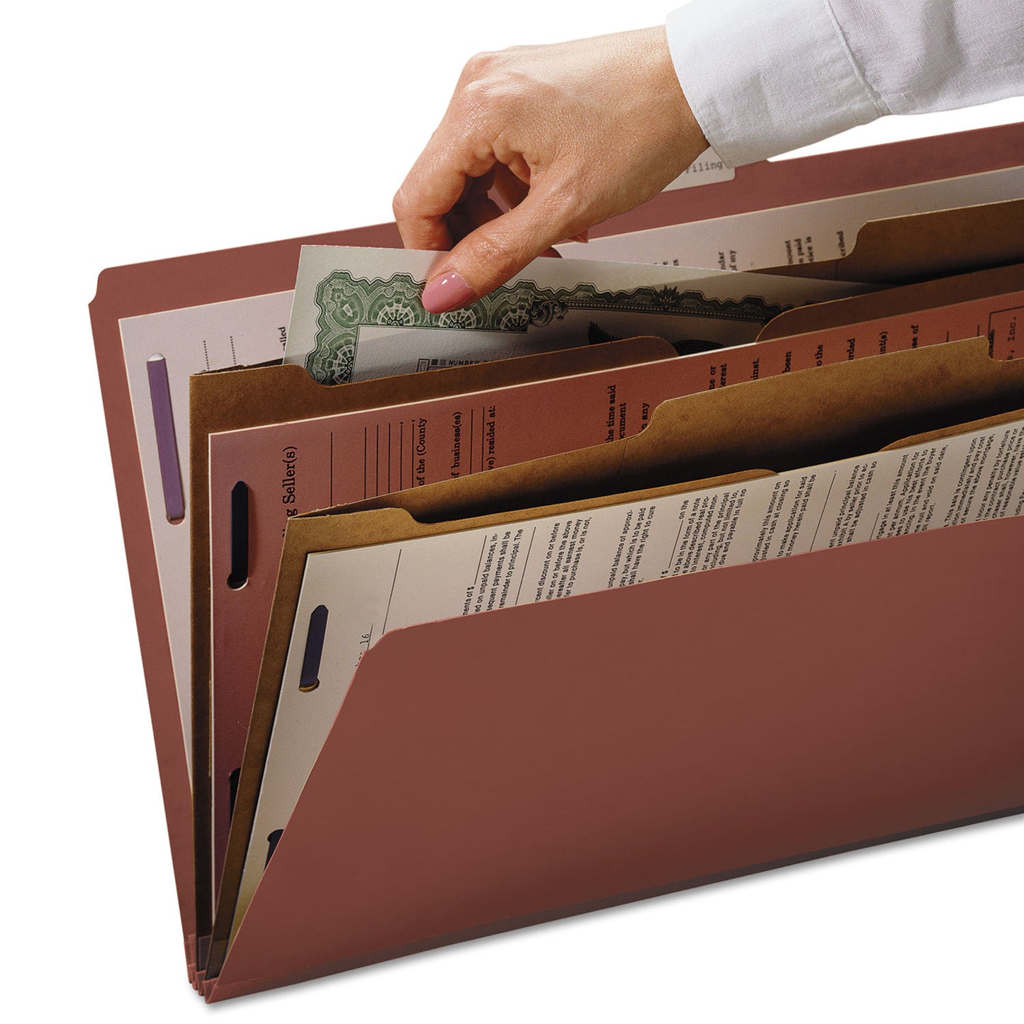 Smead 6-Section Pressboard Top Tab Pocket Classification Folders, 6 SafeSHIELD Fasteners, 2 Dividers, Legal Size, Red, 10/Box (19079)