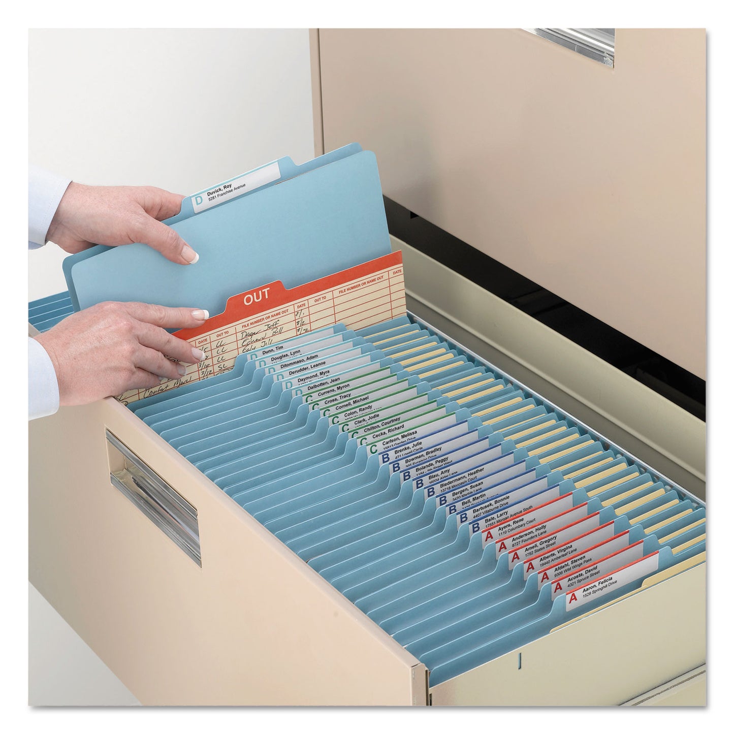 Smead Top Tab Classification Folders, Six SafeSHIELD Fasteners, 2" Expansion, 2 Dividers, Letter Size, Blue Exterior, 10/Box (14001)