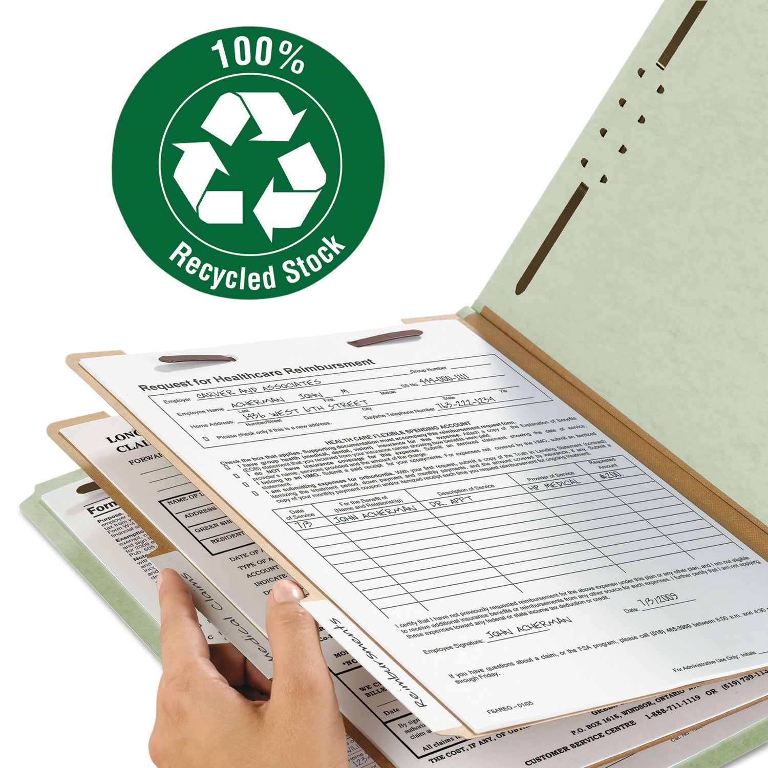 Smead Recycled Pressboard Classification Folders, 2" Expansion, 2 Dividers, 6 Fasteners, Legal Size, Gray-Green, 10/Box (19022)