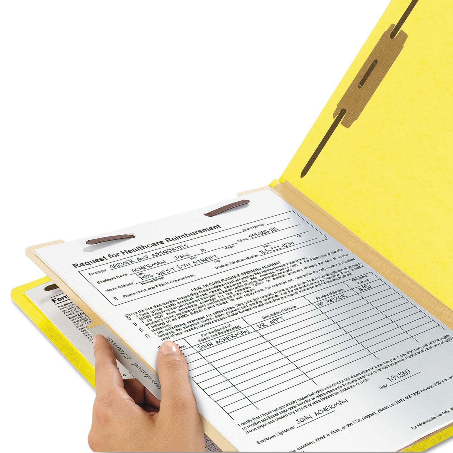 Smead Top Tab Classification Folders, Four SafeSHIELD Fasteners, 2" Expansion, 1 Divider, Letter Size, Yellow Exterior, 10/Box (13704)