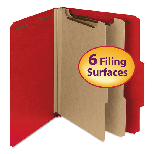 Smead Recycled Pressboard Classification Folders, 2" Expansion, 2 Dividers, 6 Fasteners, Letter Size, Bright Red, 10/Box (14061)