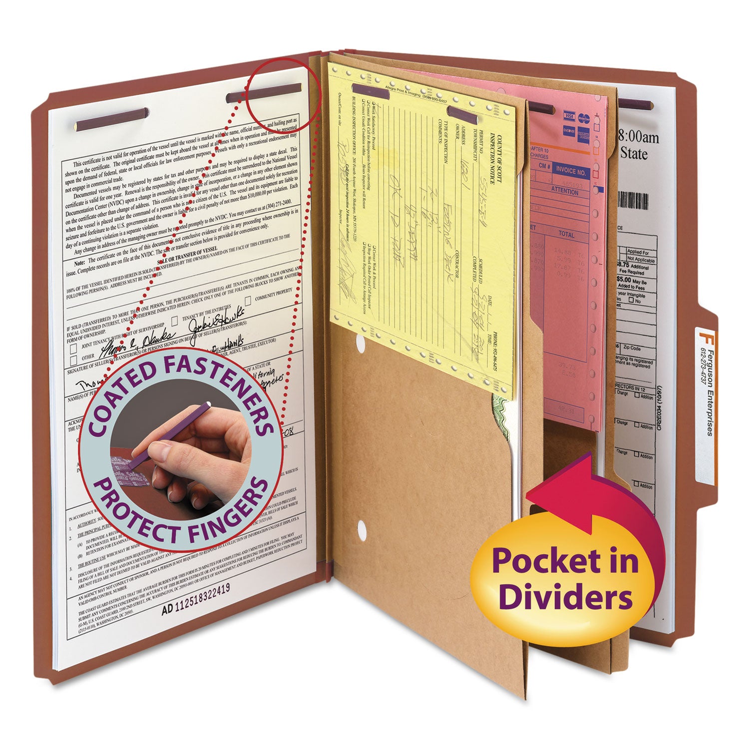 Smead 6-Section Pressboard Top Tab Pocket Classification Folders, 6 SafeSHIELD Fasteners, 2 Dividers, Legal Size, Red, 10/Box (19079)