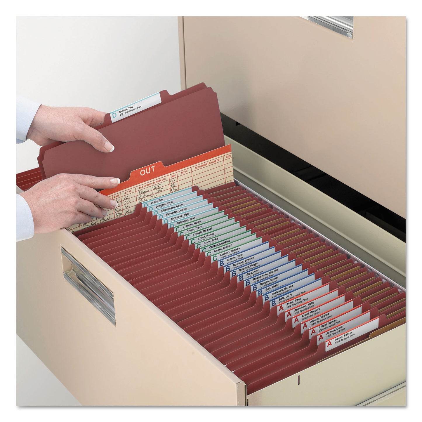 Smead Pressboard Classification Folders, Six SafeSHIELD Fasteners, 2/5-Cut Tabs, 2 Dividers, Legal Size, Red, 10/Box (19075)