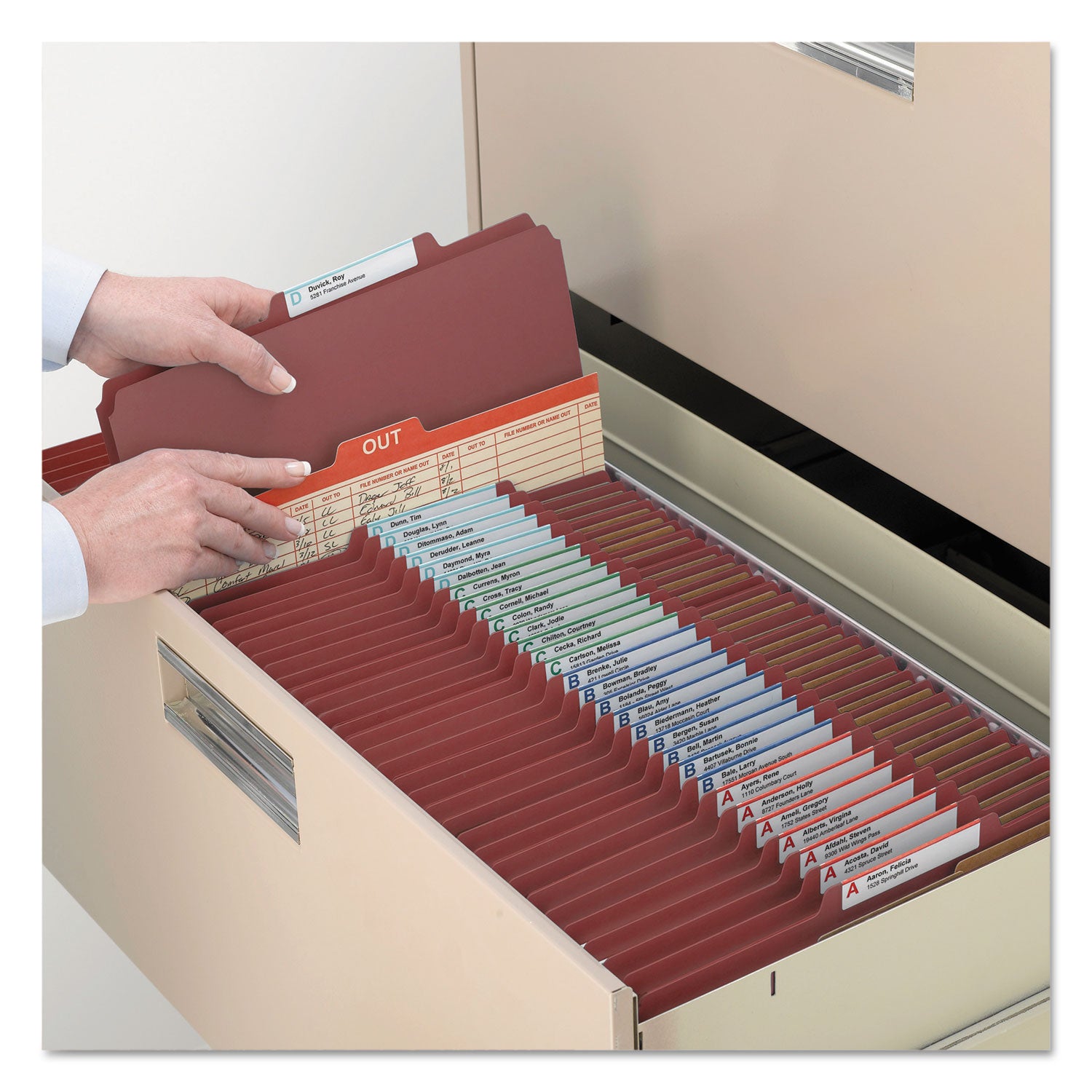 Smead Pressboard Classification Folders, Six SafeSHIELD Fasteners, 2/5-Cut Tabs, 2 Dividers, Legal Size, Red, 10/Box (19075)