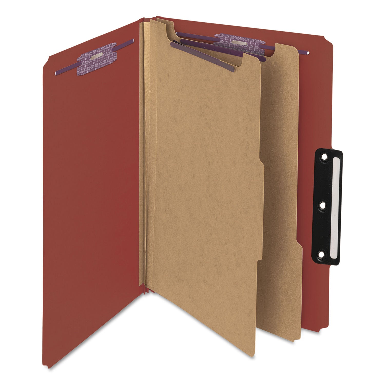 Smead Pressboard Classification Folders, Six SafeSHIELD Fasteners, 1/3-Cut Tabs, 2 Dividers, Legal Size, Red, 10/Box (19230)