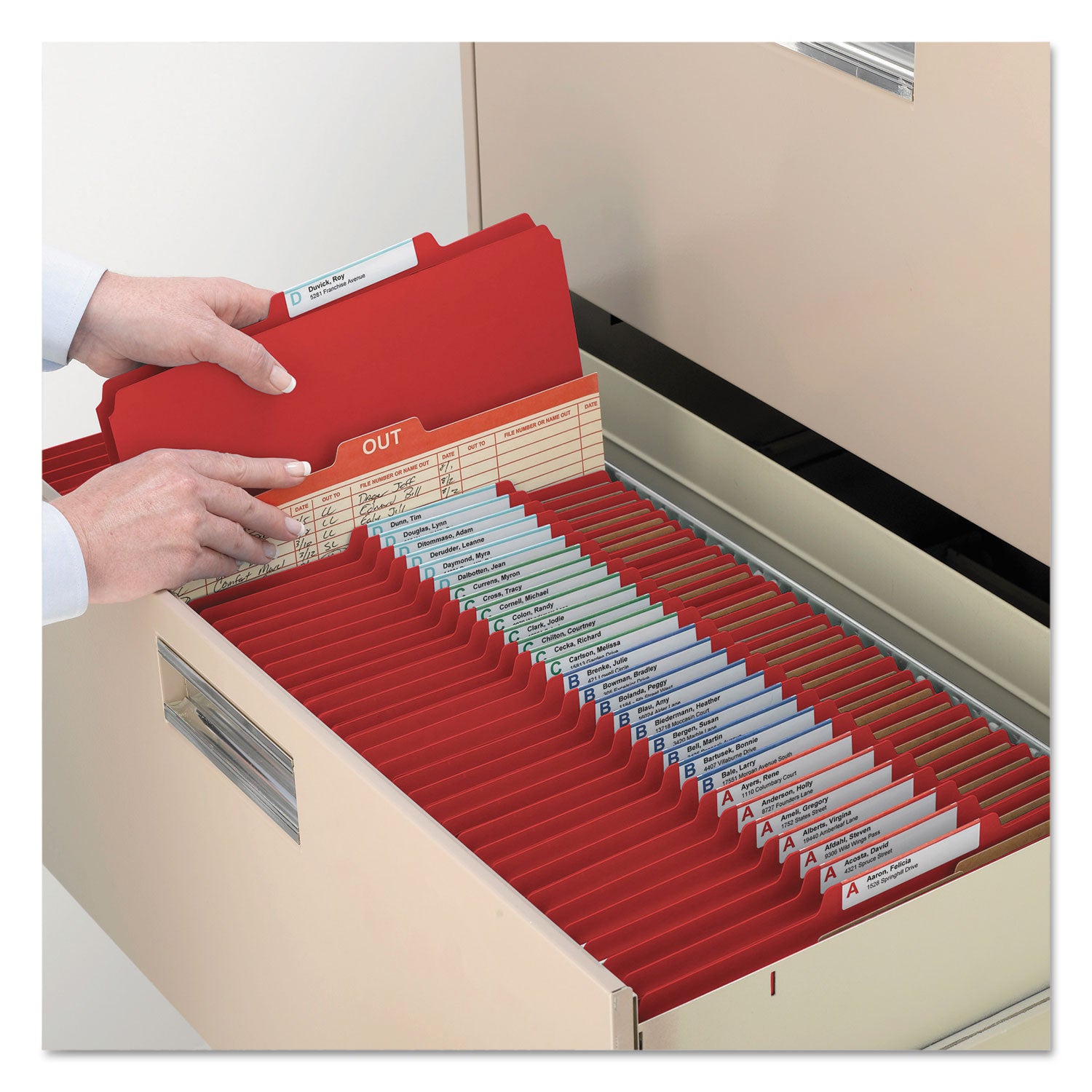 Smead Eight-Section Pressboard Top Tab Classification Folders, 8 SafeSHIELD Fasteners, 3 Dividers, Letter Size, Bright Red, 10/Box (14095)