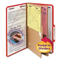 Smead 6-Section Pressboard Top Tab Pocket Classification Folders, 6 SafeSHIELD Fasteners, 2 Dividers, Legal Size, Bright Red, 10/BX (19082)