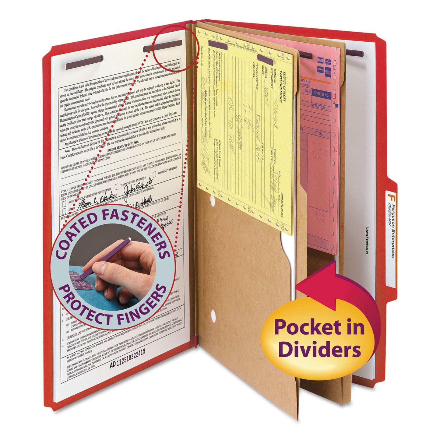 Smead 6-Section Pressboard Top Tab Pocket Classification Folders, 6 SafeSHIELD Fasteners, 2 Dividers, Legal Size, Bright Red, 10/BX (19082)