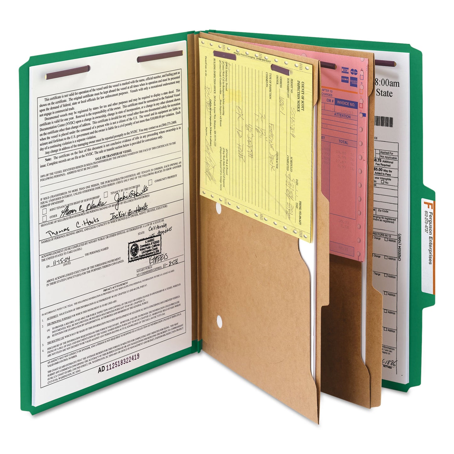 Smead 6-Section Pressboard Top Tab Pocket Classification Folders, 6 SafeSHIELD Fasteners, 2 Dividers, Legal Size, Green, 10/Box (19083)