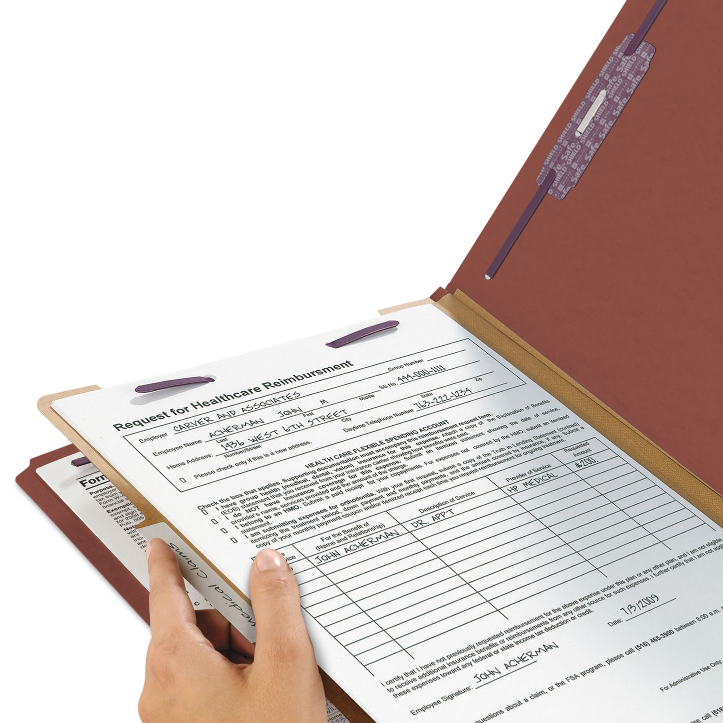 Smead Pressboard Classification Folders, Four SafeSHIELD Fasteners, 2/5-Cut Tabs, 1 Divider, Legal Size, Red, 10/Box (18775)