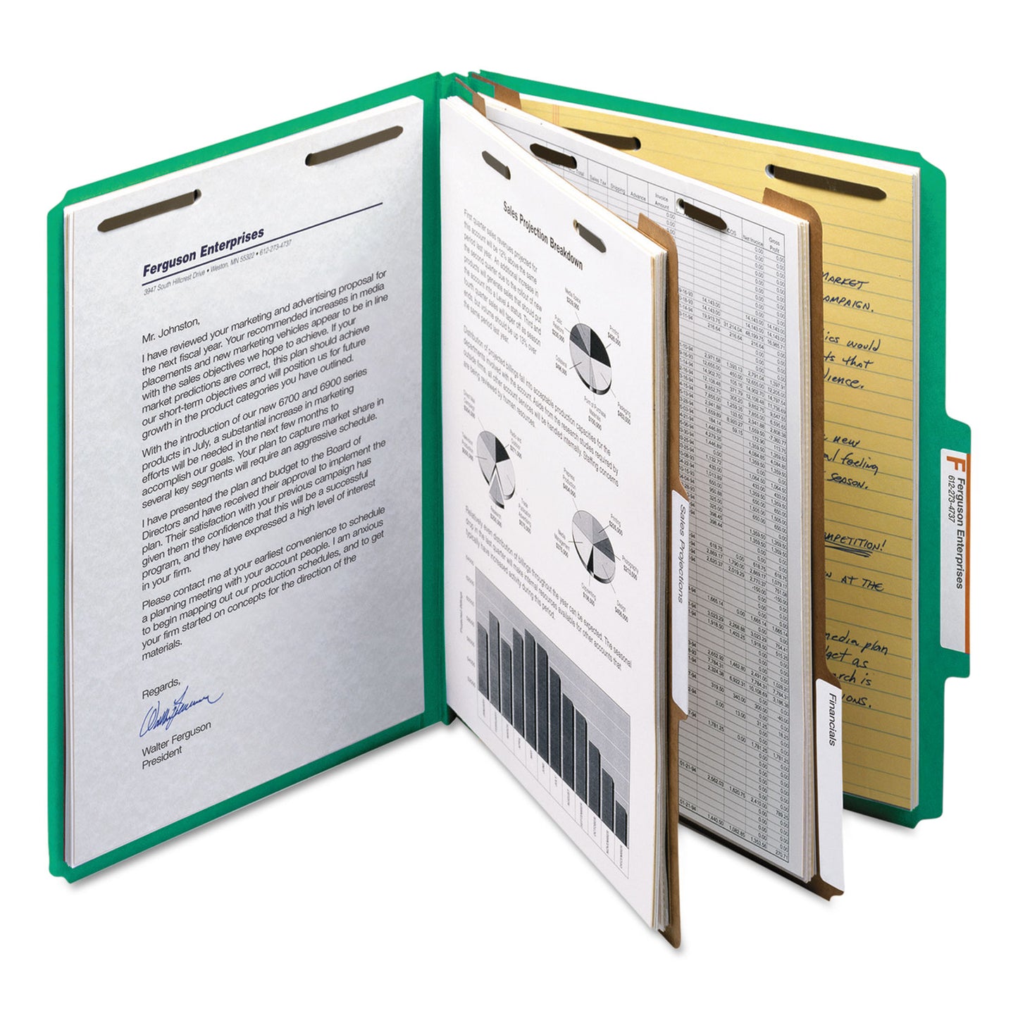 Smead Recycled Pressboard Classification Folders, 2" Expansion, 2 Dividers, 6 Fasteners, Letter Size, Green Exterior, 10/Box (14063)