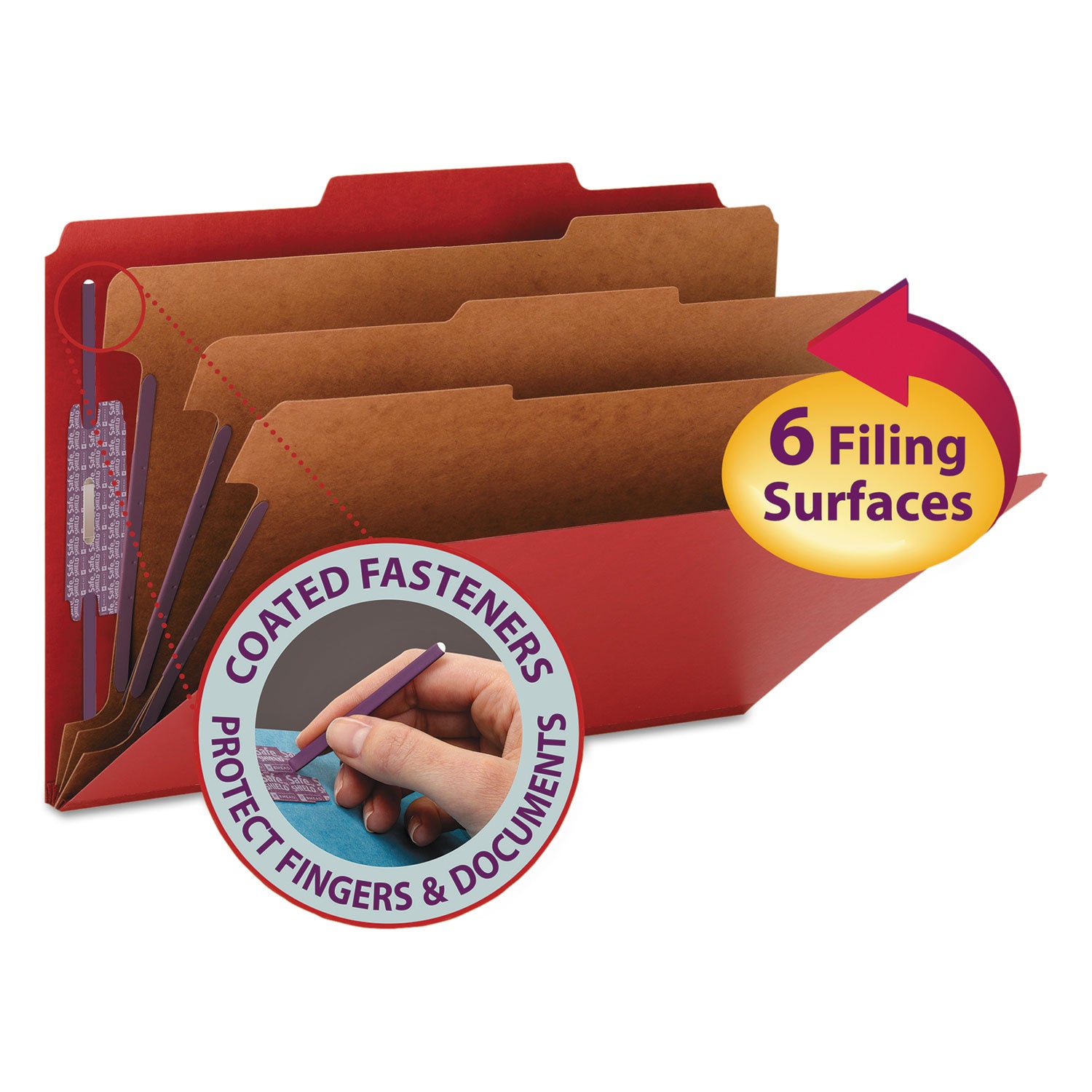 Smead Eight-Section Pressboard Top Tab Classification Folders, 8 SafeSHIELD Fasteners, 3 Dividers, Legal Size, Bright Red, 10/Box (19095)