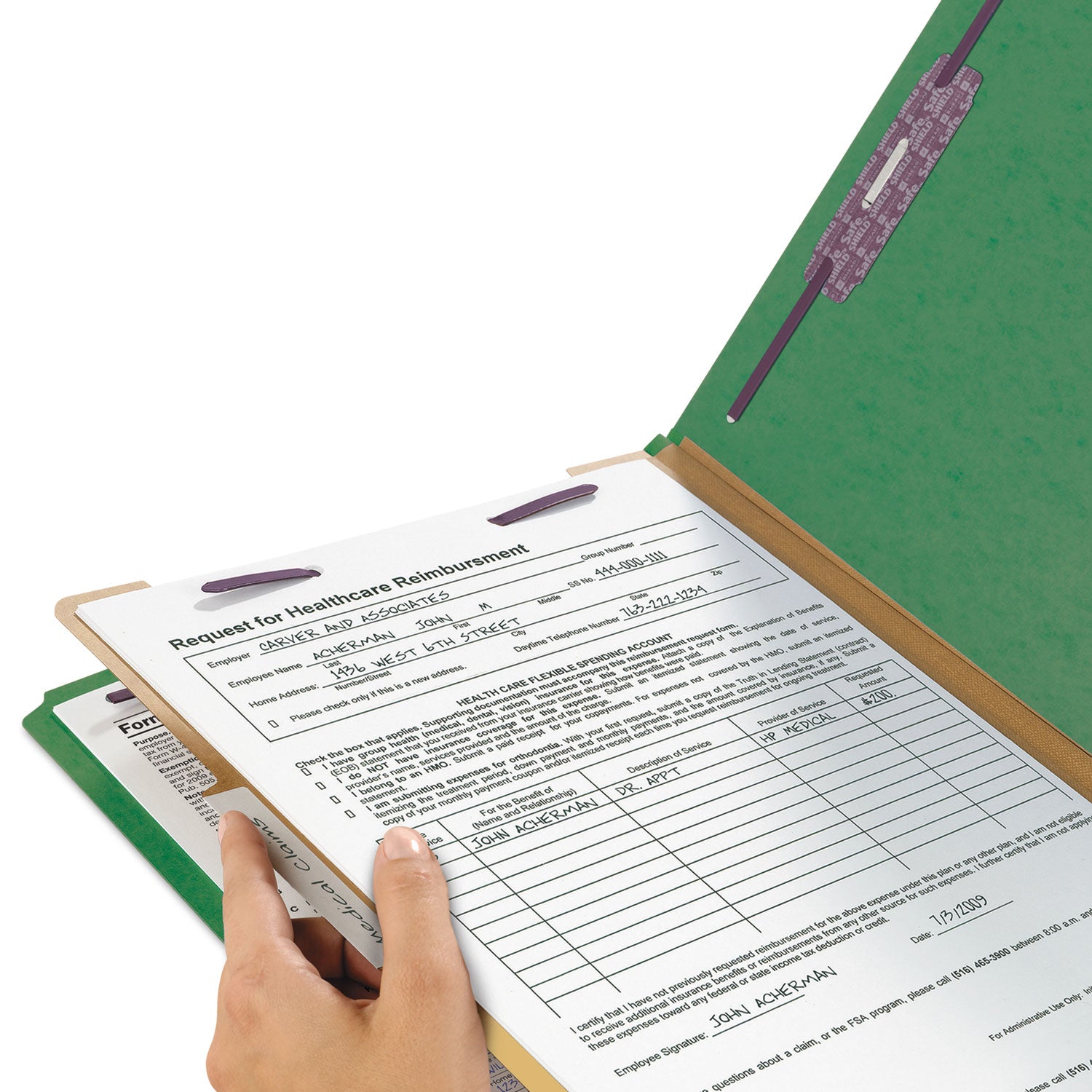 Smead Four-Section Pressboard Top Tab Classification Folders, Four SafeSHIELD Fasteners, 1 Divider, Legal Size, Green, 10/Box (18733)