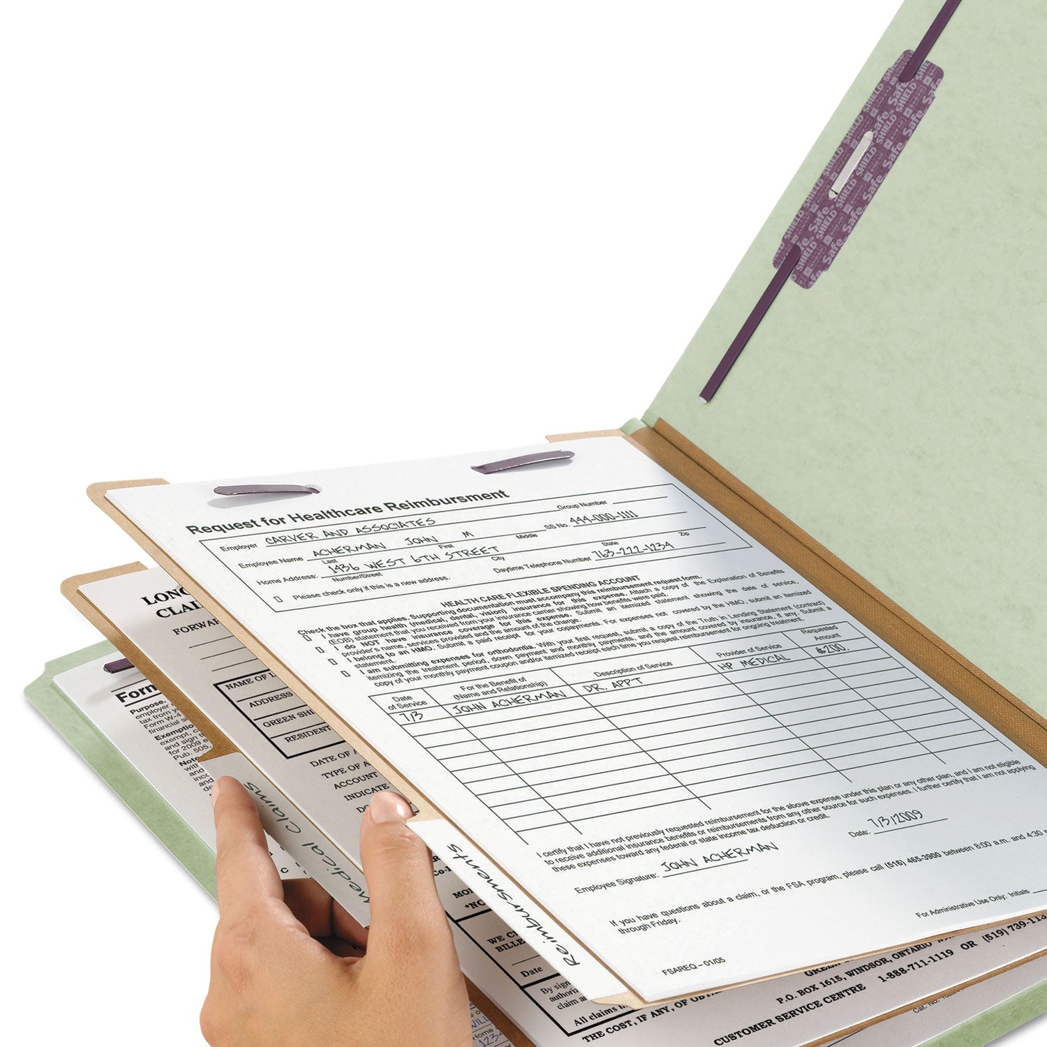 Smead Pressboard Classification Folders, Six SafeSHIELD Fasteners, 2/5-Cut Tabs, 2 Dividers, Legal Size, Gray-Green, 10/Box (19076)