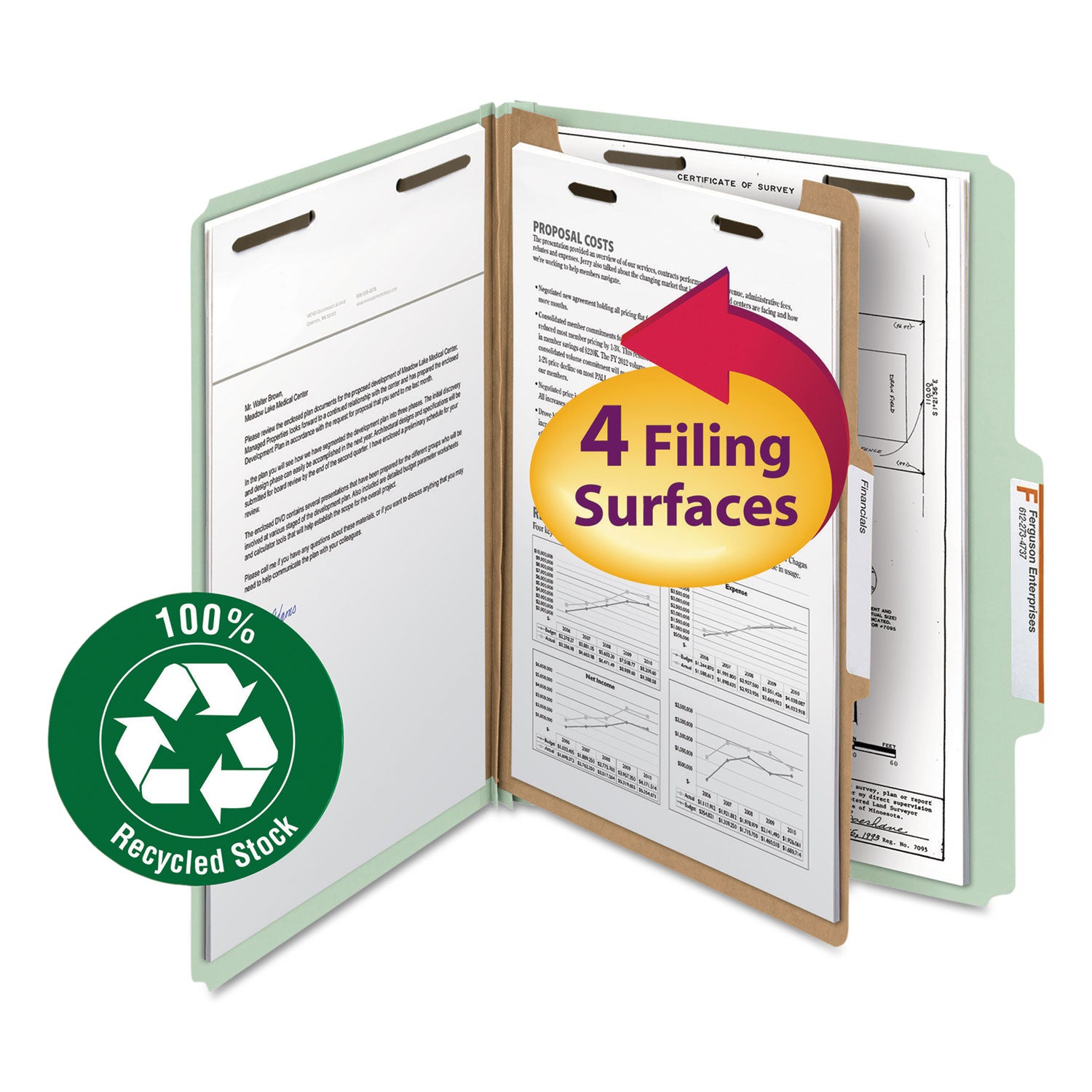 Smead Recycled Pressboard Classification Folders, 2" Expansion, 1 Divider, 4 Fasteners, Letter Size, Gray-Green, 10/Box (13723)