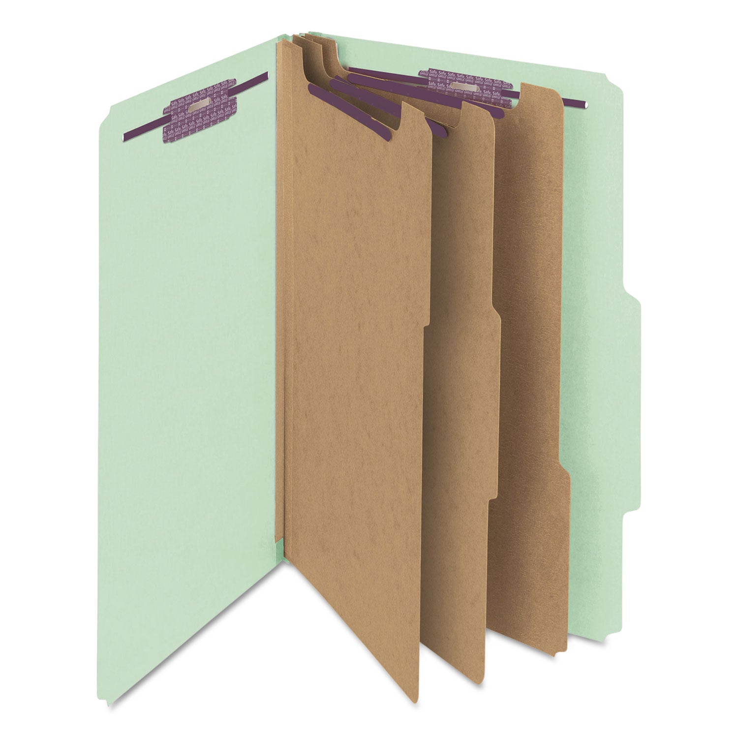 Smead Pressboard Classification Folders, Eight SafeSHIELD Fasteners, 2/5-Cut Tabs, 3 Dividers, Legal Size, Gray-Green, 10/Box (19091)