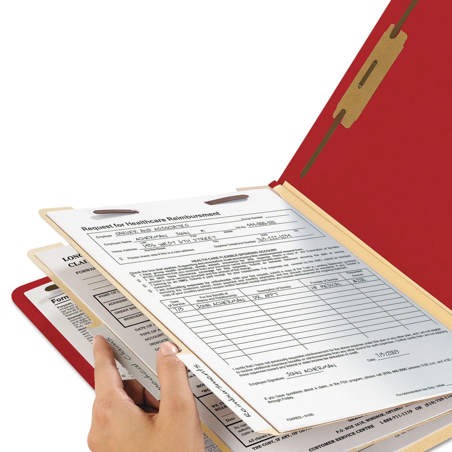 Smead Top Tab Classification Folders, Six SafeSHIELD Fasteners, 2" Expansion, 2 Dividers, Letter Size, Red Exterior, 10/Box (14003)