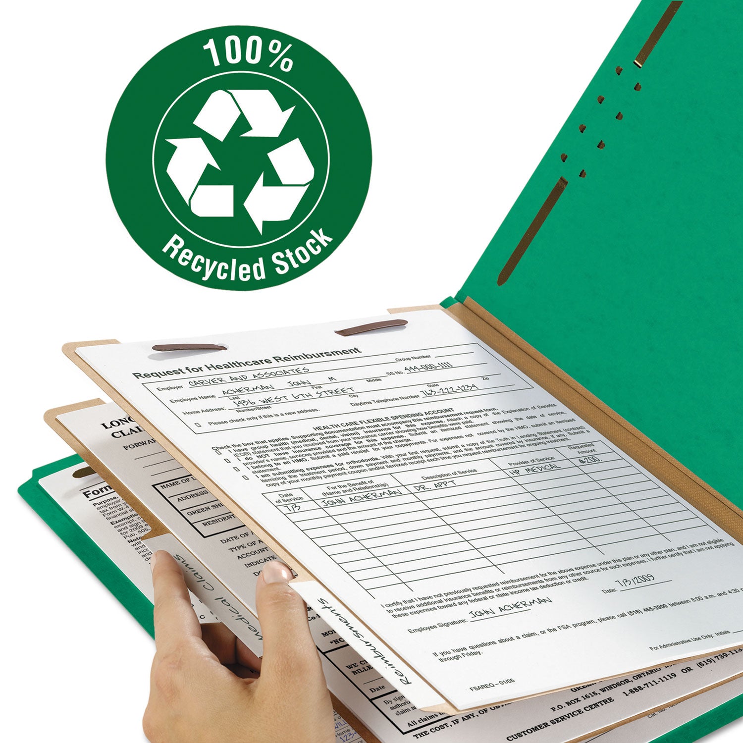 Smead Recycled Pressboard Classification Folders, 2" Expansion, 2 Dividers, 6 Fasteners, Letter Size, Green Exterior, 10/Box (14063)
