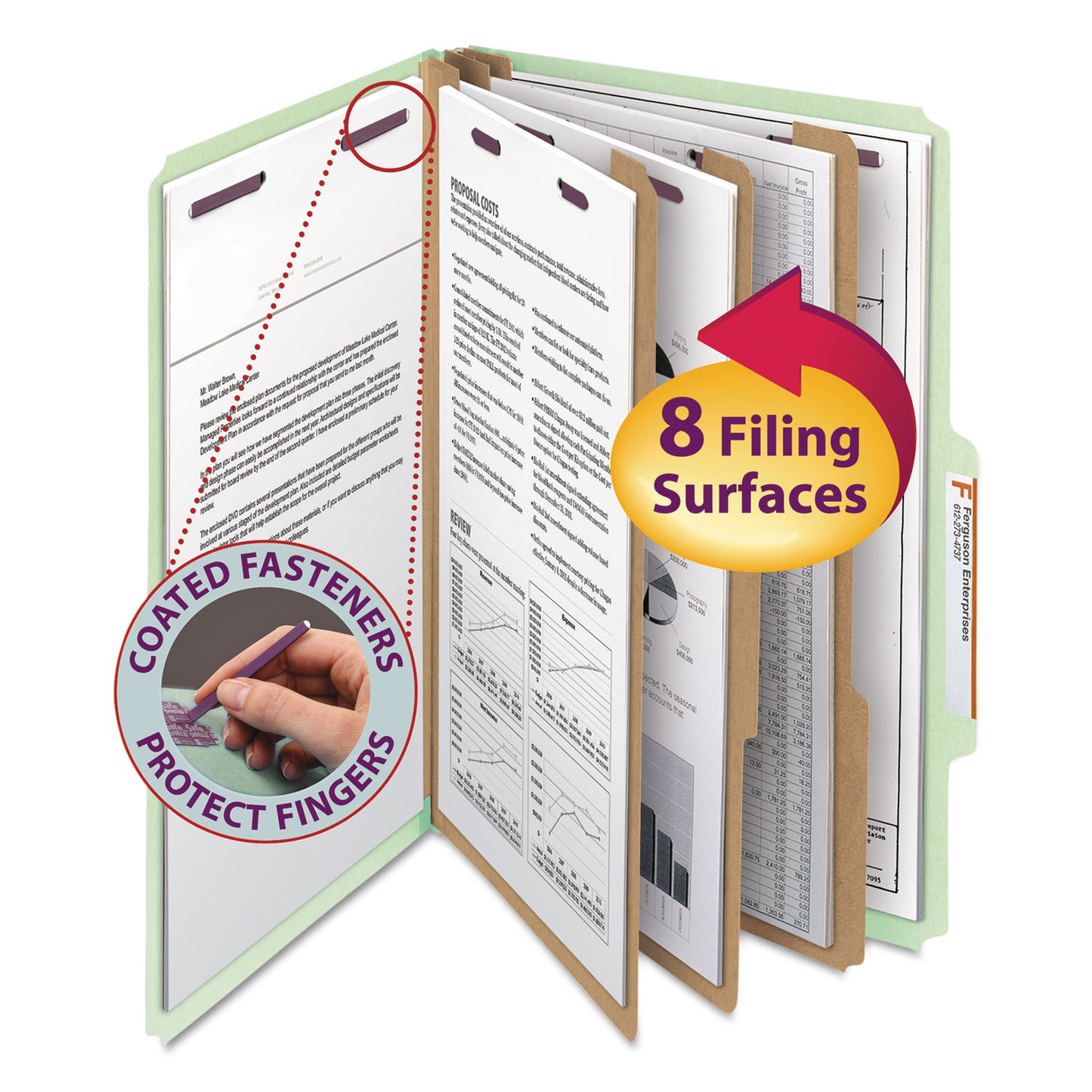 Smead Pressboard Classification Folders, Eight SafeSHIELD Fasteners, 2/5-Cut Tabs, 3 Dividers, Legal Size, Gray-Green, 10/Box (19091)