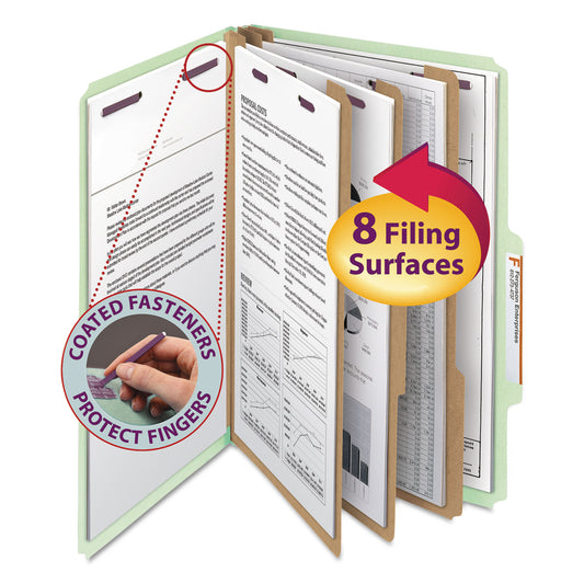 Smead Pressboard Classification Folders, Eight SafeSHIELD Fasteners, 2/5-Cut Tabs, 3 Dividers, Legal Size, Gray-Green, 10/Box (19091)